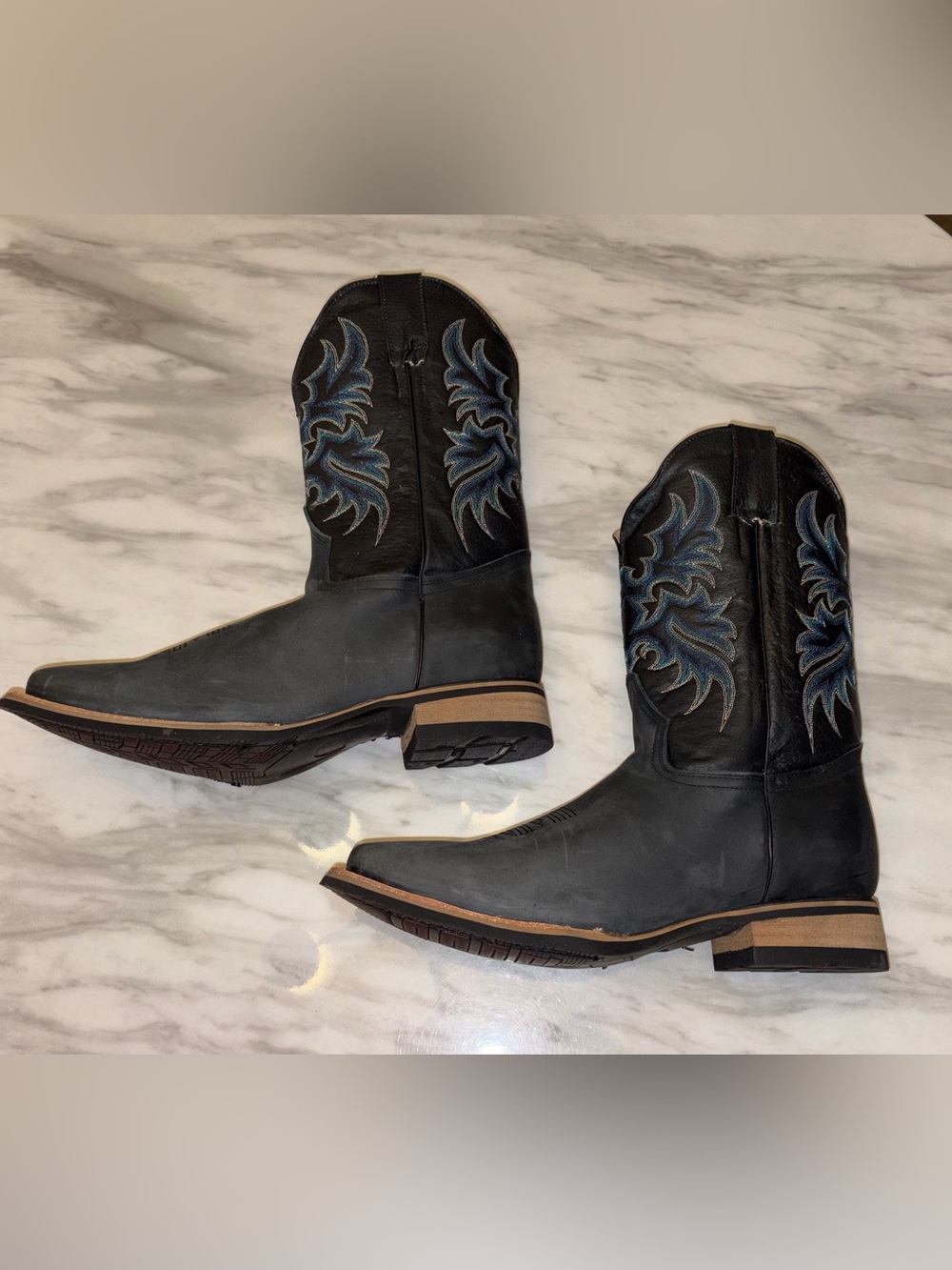 Men’s Western Cowboy Boots Black Leather Embroidered Square Toe Size 11